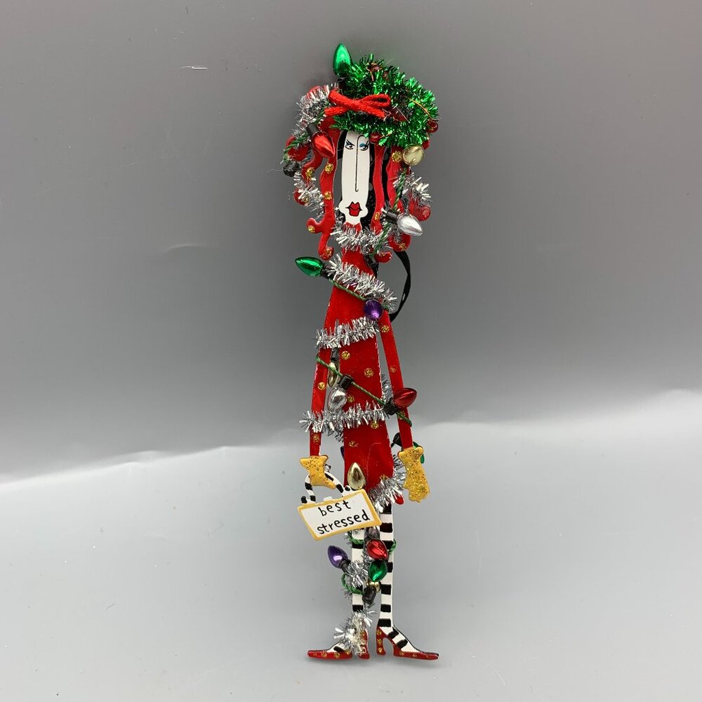 Joey Inc. Metal Woman Shaped Ornament 6" tall Purse says Best Stressed